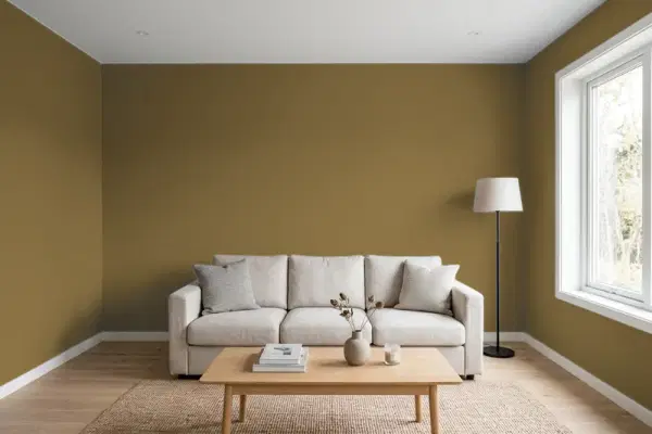 Living room with walls painted PPG Paints Twig Basket 1103-7 (simulated)