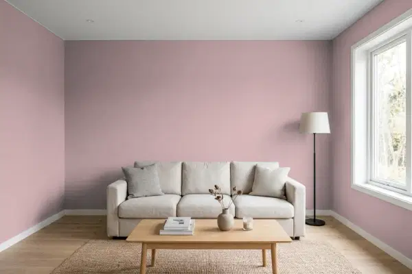 Living room with walls painted Behr Twilight Blush PMD-71 (simulated)