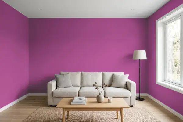 Living room with walls painted Benjamin Moore Twilight Magenta 2074-30 (simulated)