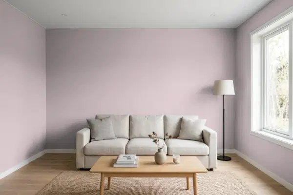 Living room with walls painted Valspar Twilight Mauve 1001-8A (simulated)