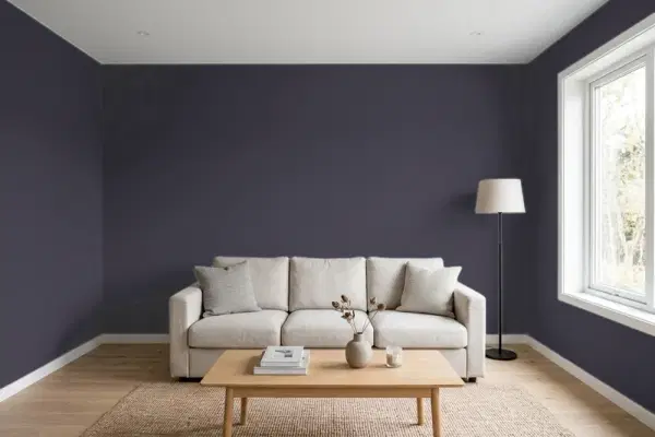 Living room with walls painted Valspar Twilight Purple 4010-2 (simulated)