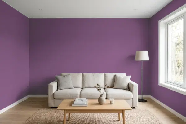 Living room with walls painted Benjamin Moore Ultra Violet 1372 (simulated)
