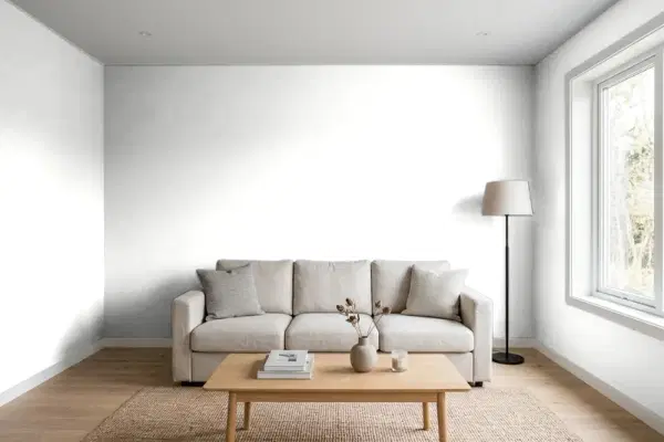Living room with walls painted Valspar Ultra White 7006-24 (simulated)