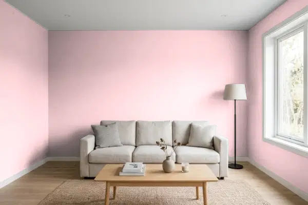 Living room with walls painted Benjamin Moore Unspoken Love 1269 (simulated)