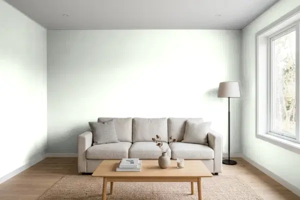 Living room with walls painted Behr Unwind GR-W05 (simulated)
