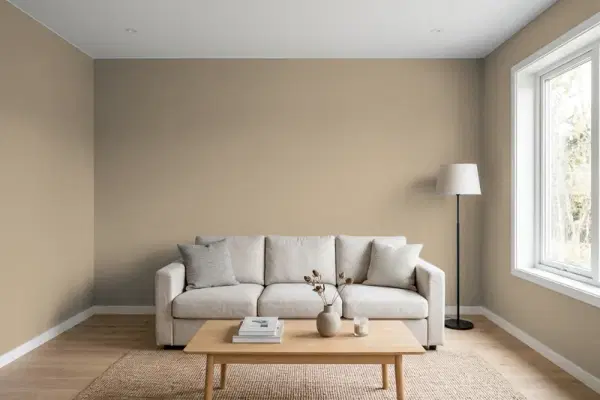 Living room with walls painted Sherwin-Williams Urban Jungle SW 9117 (simulated)