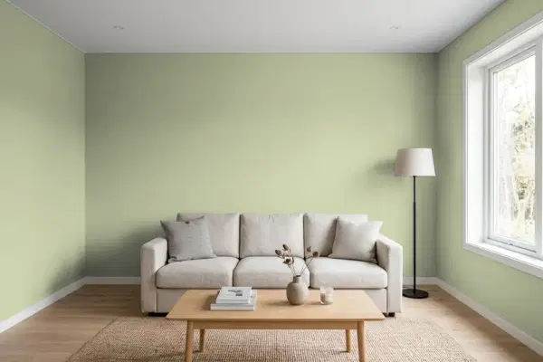 Living room with walls painted Benjamin Moore Urban Nature AF-440 (simulated)