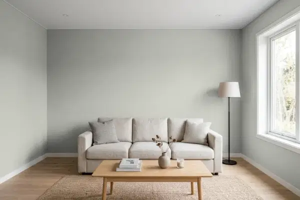 Living room with walls painted Behr Urban Putty BNC-06 (simulated)