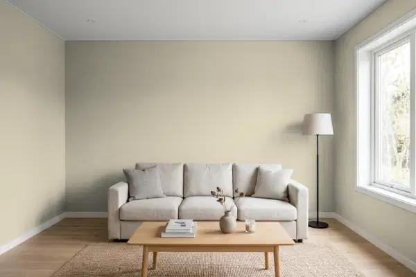 Living room with walls painted Benjamin Moore Urban Sophisticate CSP-160 (simulated)