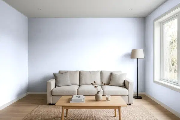Living room with walls painted Behr Vaguely Violet P540-1 (simulated)
