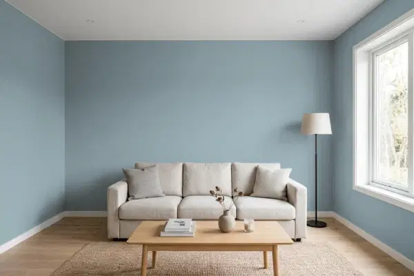 Living room with walls painted Benjamin Moore Van Courtland Blue HC-145 (simulated)