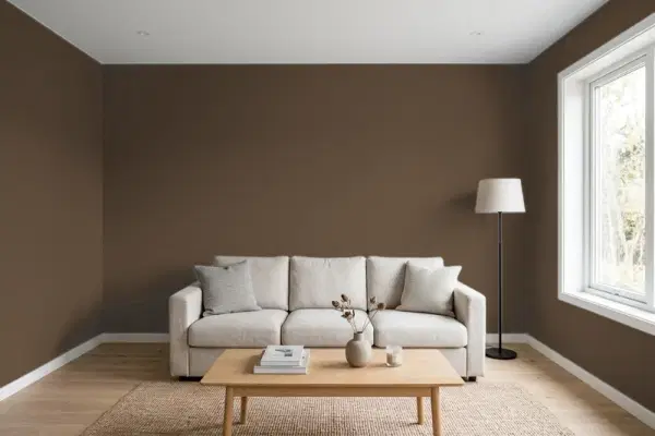Living room with walls painted Sherwin-Williams Van Dyke Brown SW 7041 (simulated)