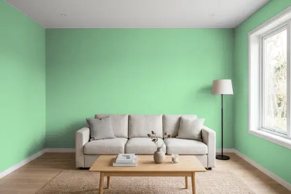 Living room with walls painted Sherwin-Williams Vegan SW 6738 (simulated)