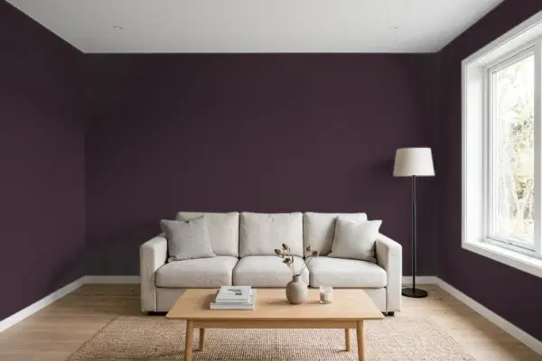 Living room with walls painted Benjamin Moore Velvet Cloak CSP-480 (simulated)