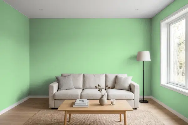 Living room with walls painted Behr Velvet Leaf 450D-5 (simulated)