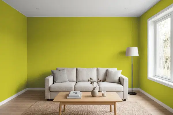 Living room with walls painted Behr Venom P340-7 (simulated)