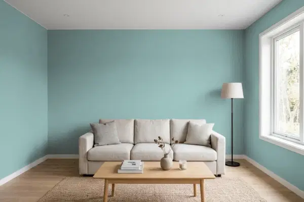 Living room with walls painted Behr Venus Teal PPU13-08 (simulated)