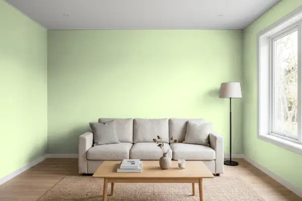 Living room with walls painted Benjamin Moore Veranda View 541 (simulated)