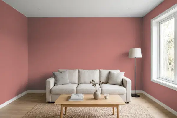 Living room with walls painted Behr Vermilion S150-5 (simulated)