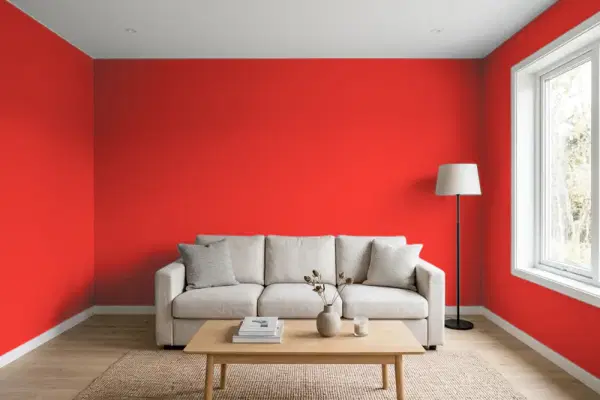 Living room with walls painted Benjamin Moore Vermilion 2002-10 (simulated)