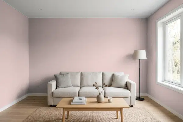 Living room with walls painted Behr Versailles Rose MQ1-45 (simulated)
