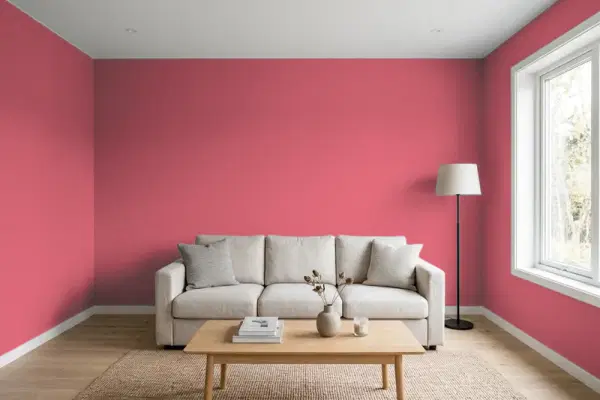 Living room with walls painted Benjamin Moore Vibrant Blush 2081-30 (simulated)