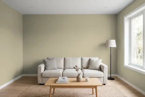 Living room with walls painted Benjamin Moore Victorian Garden 1531 (simulated)