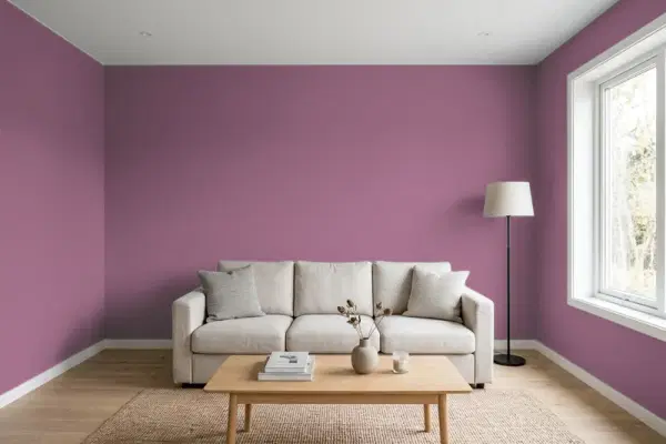 Living room with walls painted PPG Paints Victorian Plum 1179-6 (simulated)