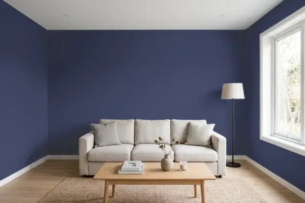 Living room with walls painted PPG Paints Victory Blue 1165-7 (simulated)