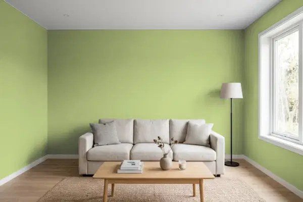 Living room with walls painted Benjamin Moore Vienna Green 538 (simulated)