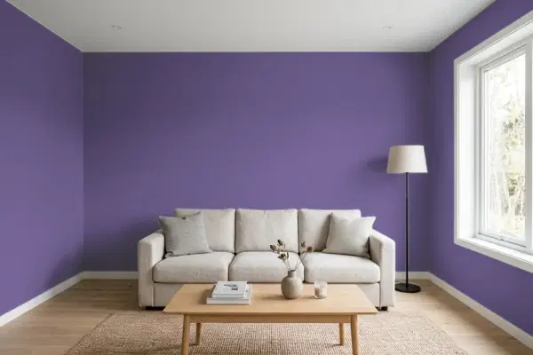 Living room with walls painted Behr Vigorous Violet PPU16-02 (simulated)
