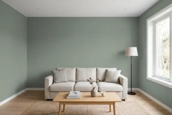 Living room with walls painted Behr Village Green N410-5 (simulated)