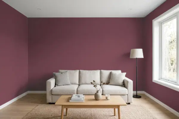 Living room with walls painted Behr Vin Rouge 110D-7 (simulated)