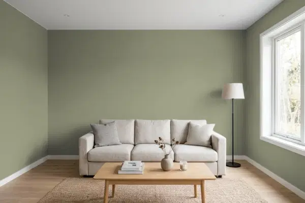 Living room with walls painted Benjamin Moore Vineland CC-722 (simulated)