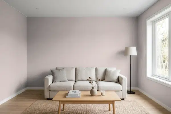 Living room with walls painted Behr Vintage Mauve PPU17-11 (simulated)