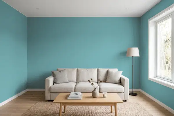 Living room with walls painted Behr Vintage Teal MQ6-33 (simulated)