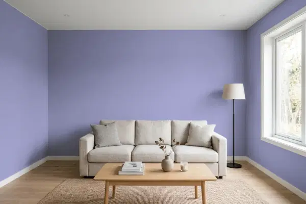 Living room with walls painted Behr Violet Aura M550-5 (simulated)