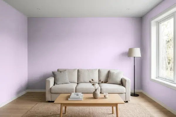 Living room with walls painted Benjamin Moore Violet Petal 1382 (simulated)
