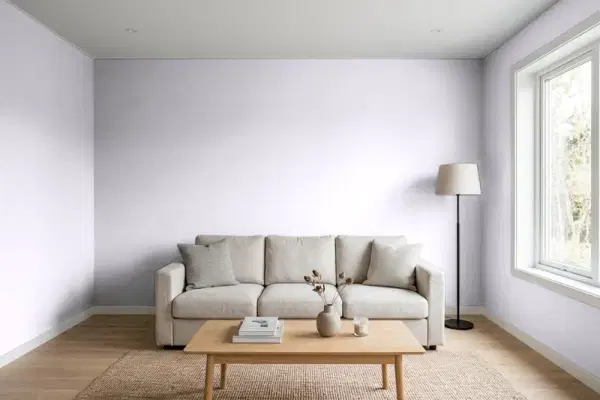 Living room with walls painted PPG Paints Violet Whimsey 1174-2 (simulated)