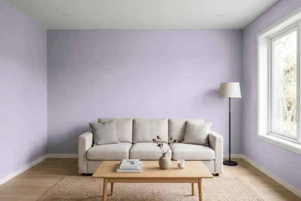 Living room with walls painted Behr Virtuous Violet BIC-07 (simulated)