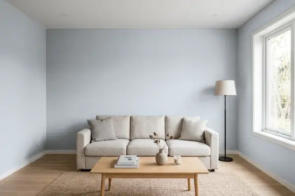 Living room with walls painted Valspar Voyage 4006-1B (simulated)