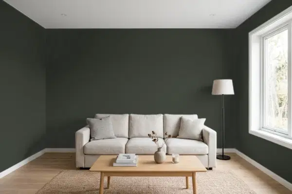 Living room with walls painted Benjamin Moore Waller Green CW-510 (simulated)