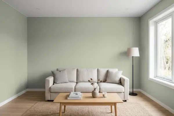 Living room with walls painted PPG Paints Wandering Willow 1031-3 (simulated)
