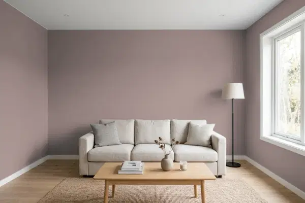 Living room with walls painted Behr Warm Embrace 730B-5 (simulated)
