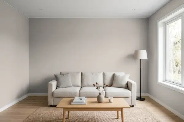 Living room with walls painted Sherwin-Williams Warm Pewter SW 9572 (simulated)
