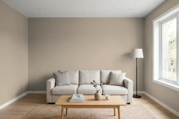 Living room with walls painted Behr Warm Stone BXC-10 (simulated)