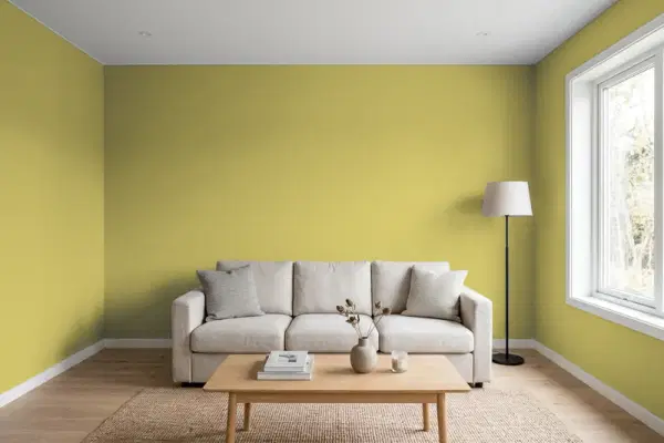 Living room with walls painted Benjamin Moore Wasabi AF-430 (simulated)