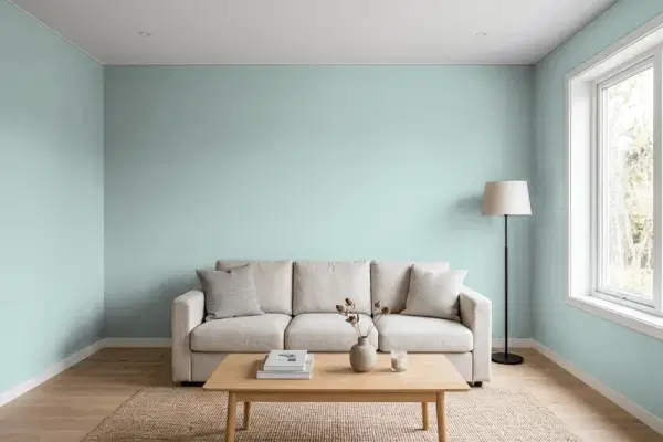 Living room with walls painted Behr Water Surface QE-43 (simulated)