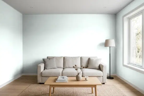 Living room with walls painted Behr Waterfall Mist W-D-510 (simulated)