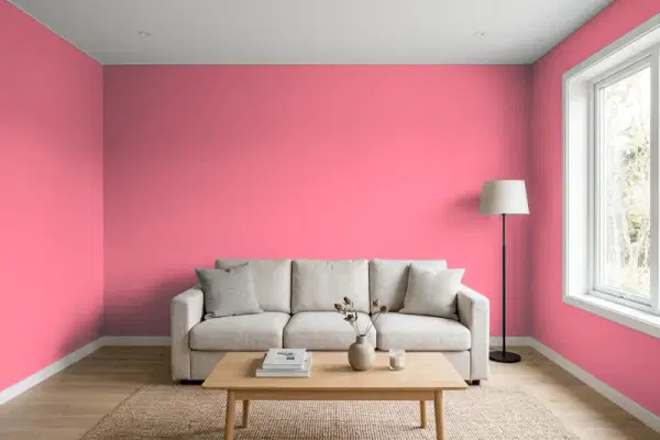 Living room with walls painted Behr Watermelon Pink 120B-6 (simulated)
